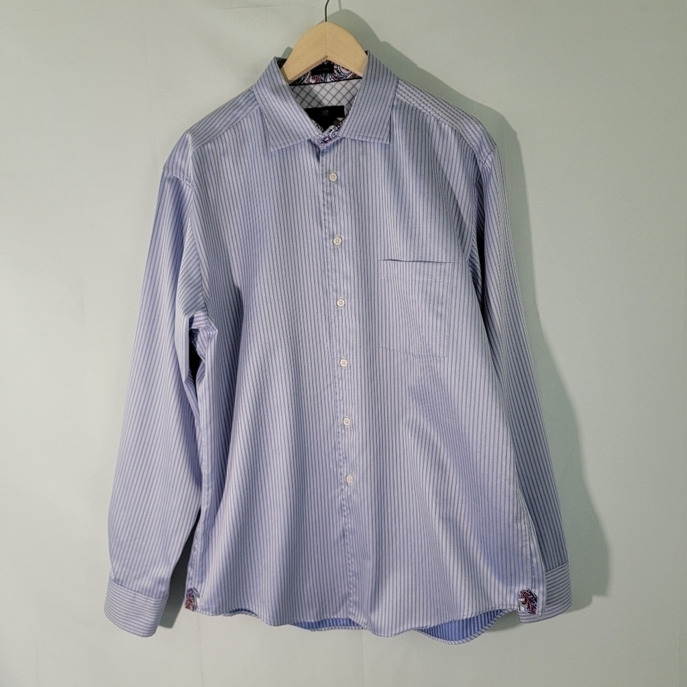 EGARA Men's Blue/White 100% Cotton Long Sleeve Button-Down Shirt Size 171/2
